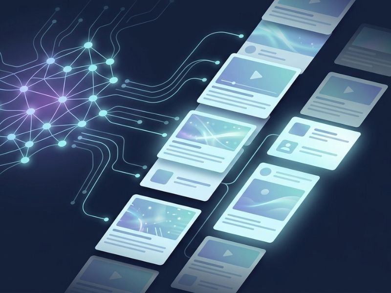 Illustration of the LinkedIn algorithm ranking and distributing content using AI in 2026