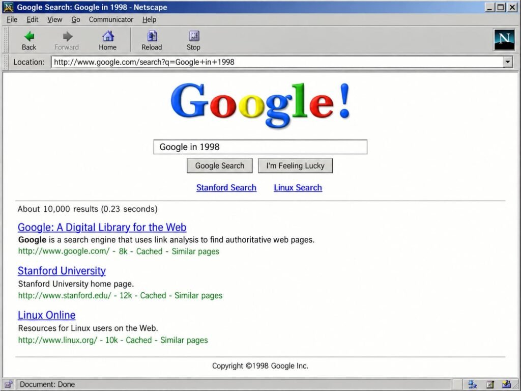 Google in 1998 Easter egg displaying the retro search interface