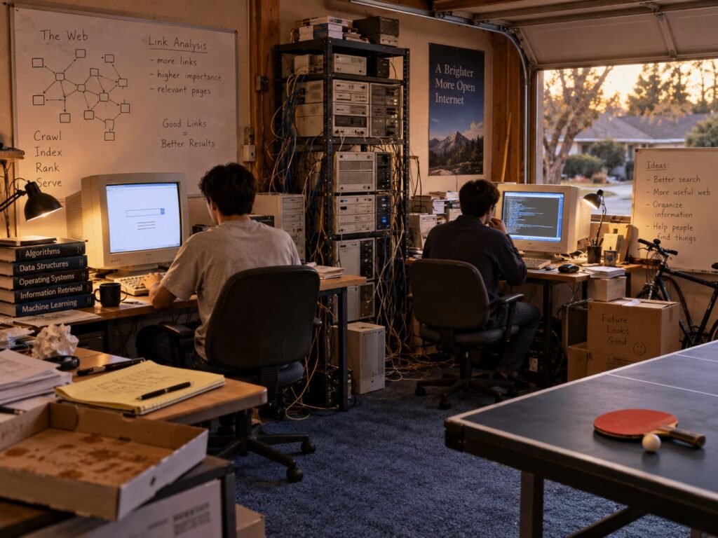 Editorial recreation of an early internet search startup working from a garage