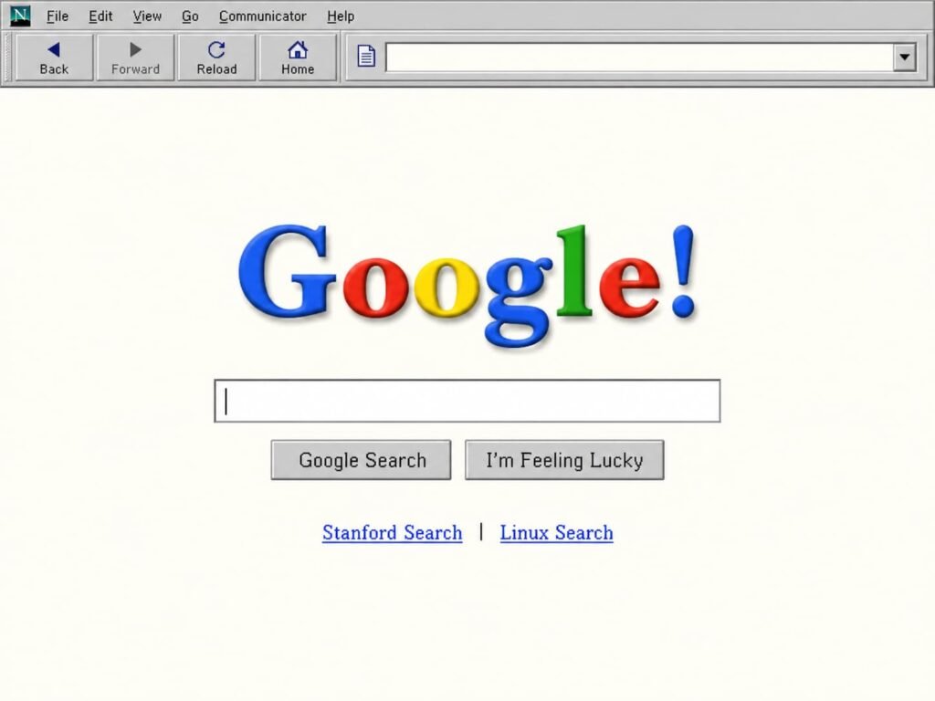 Google 1998 interface with original logo, search box and special links