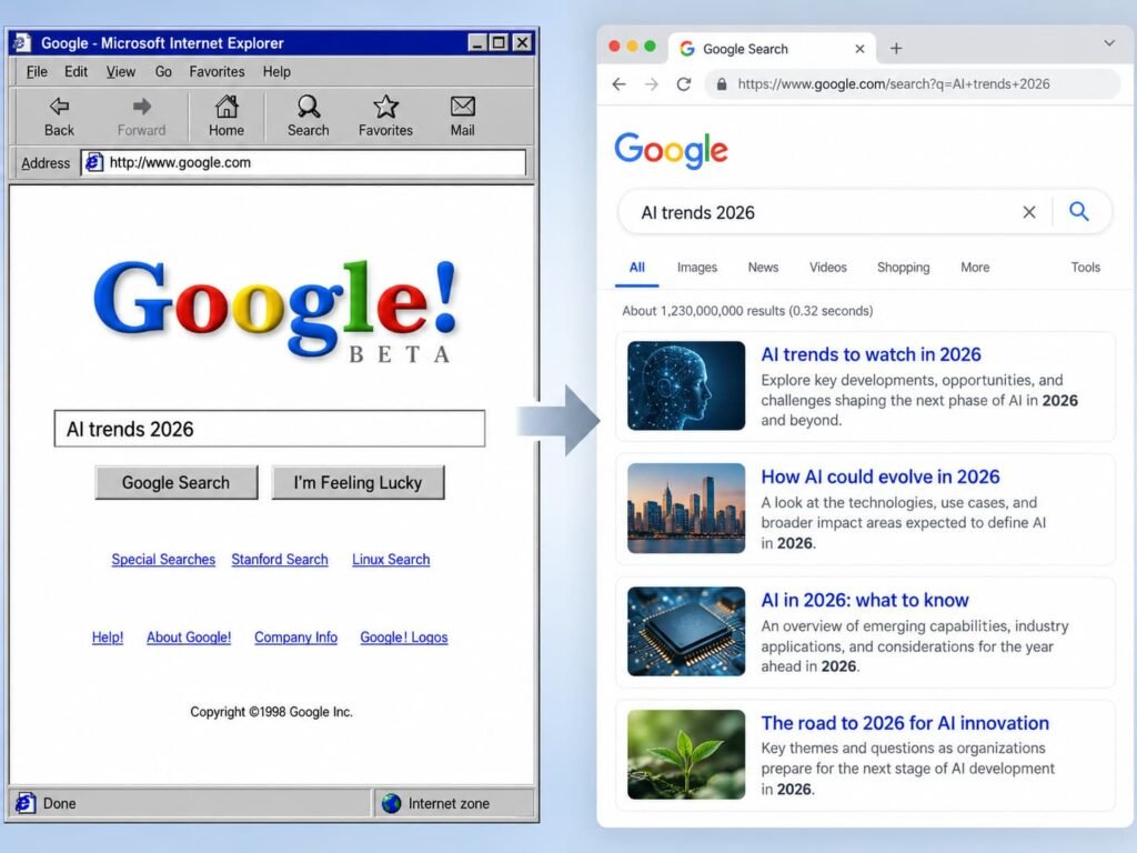 Comparison of the Google 1998 interface with modern search results