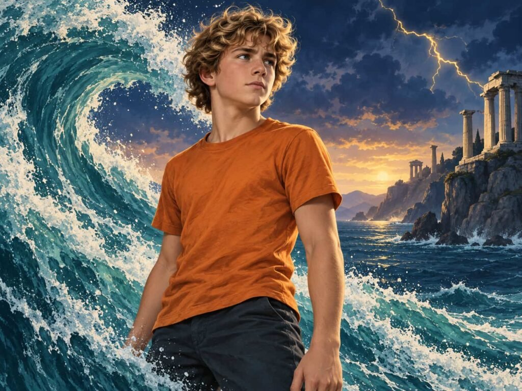 Illustration of Walker Scobell as Percy Jackson beside an ocean wave and Greek ruins.